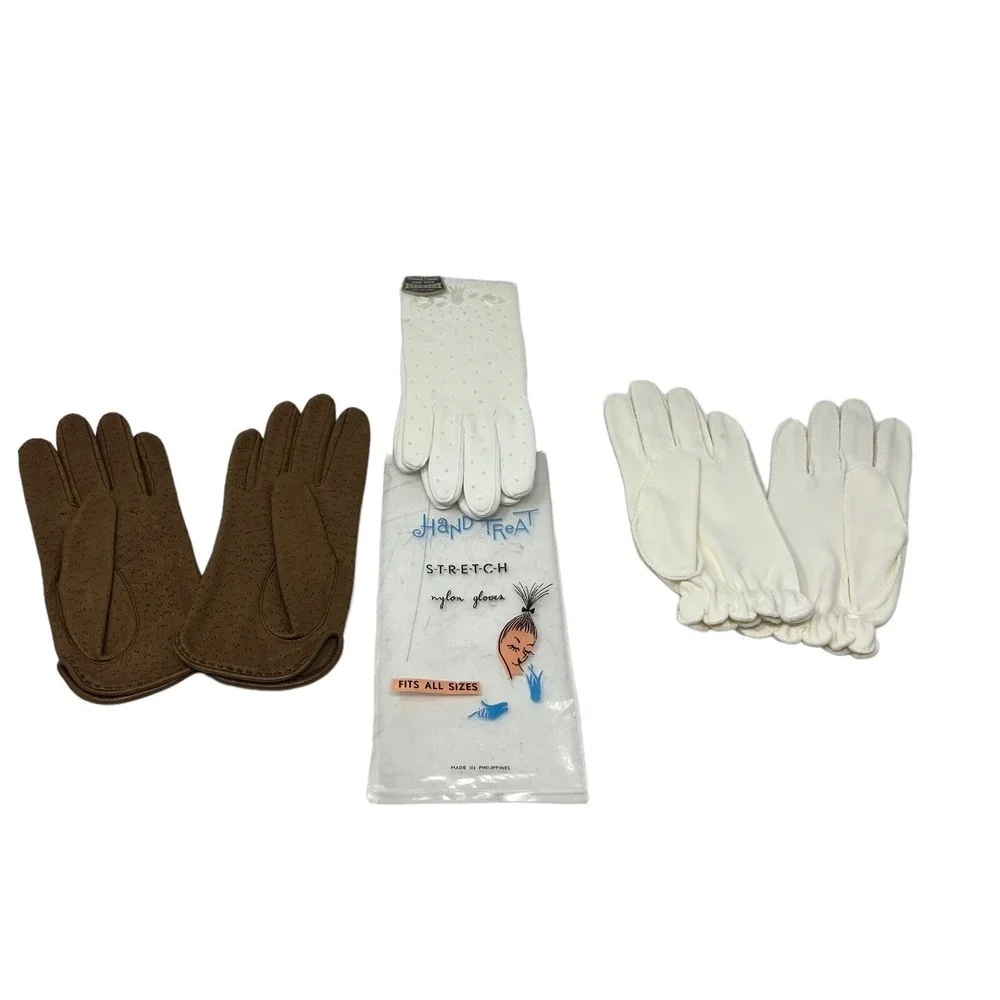 Womens Vintage Gloves Three Pair White and Brown Size 6 1/2‎ and One Size